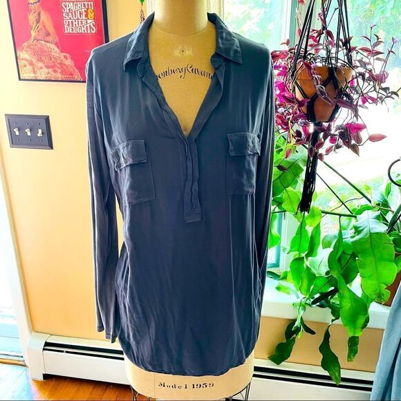 SPLENDID | gray two tone long sleeve v neck collared top M - Picture 1 of 9